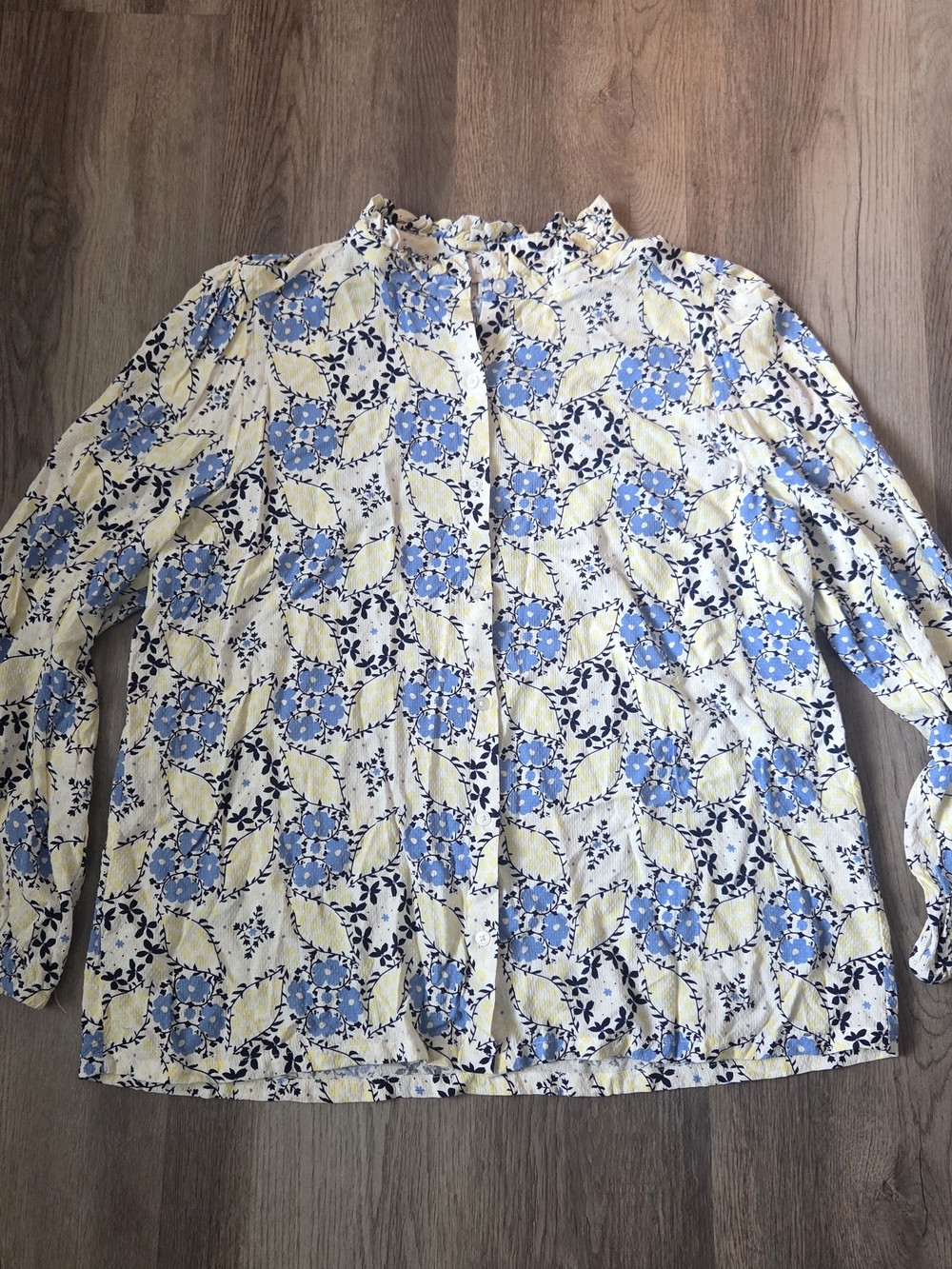 Loft Yellow Floral Swiss Dot Button Front Ruffle Neck Career Blouse Sz L